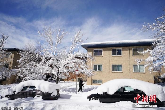 資料圖：當(dāng)?shù)貢r間2021年3月15日，美國科羅拉多州丹佛，當(dāng)?shù)赜瓉韽姳╋L(fēng)雪天氣，城市被積雪覆蓋。