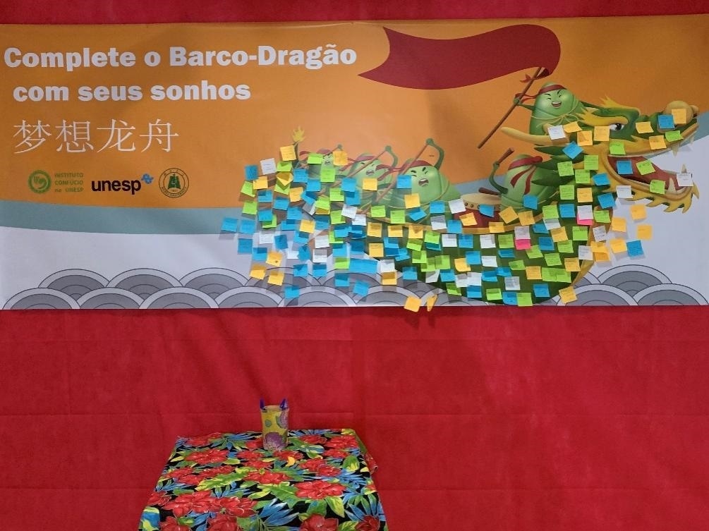 活動現(xiàn)場設(shè)置了“夢想龍舟”環(huán)節(jié)，大家將自己寫下的心愿貼在“龍舟”上，期盼“龍舟”承載自己的夢想駛向更美好的未來。（圣保羅州立大學(xué)孔子學(xué)院供圖）