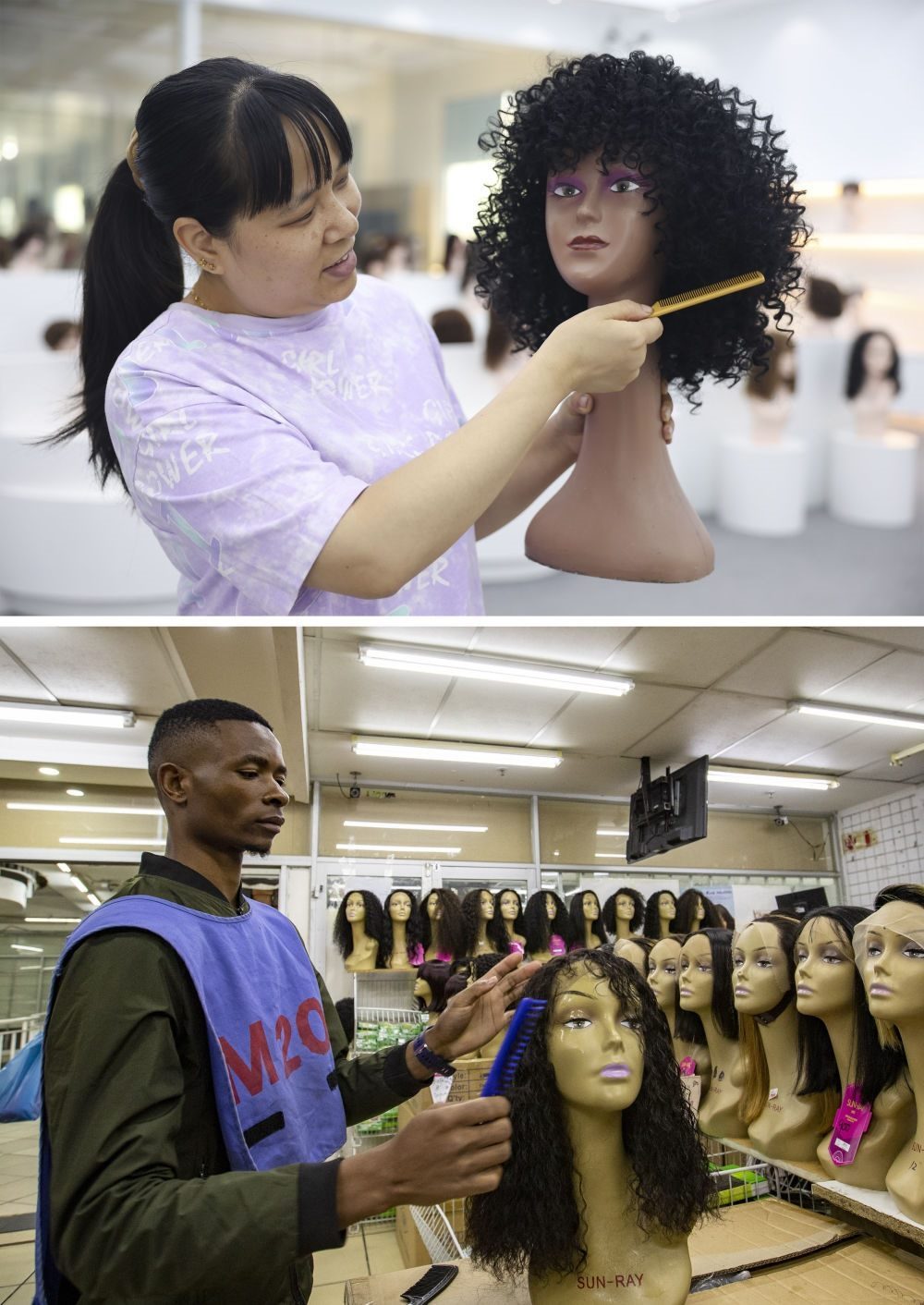 拼版照片：上圖為2023年5月25日，工人在湖南邵陽陽光發(fā)品有限公司展廳展示假發(fā)（新華社記者薛宇舸攝）；下圖為2023年6月9日，一名店員在湖南邵陽陽光發(fā)品有限公司位于南非約翰內(nèi)斯堡的店鋪內(nèi)展示假發(fā)（新華社記者張譽(yù)東攝）。新華社發(fā)