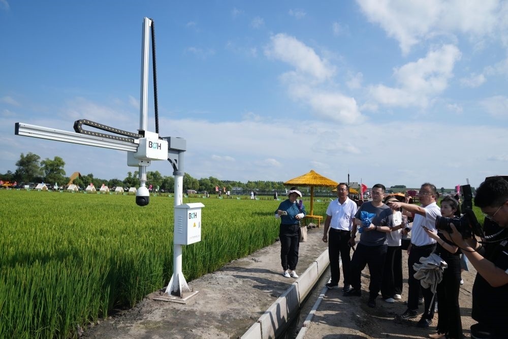 在北大荒集團(tuán)閆家崗農(nóng)場(chǎng)有限公司農(nóng)業(yè)現(xiàn)代化示范區(qū)，工作人員在介紹利用數(shù)字技術(shù)的葉齡診斷儀（2023年8月10日攝）。新華社記者 王建威 攝