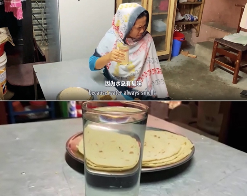 圖為紀實短片截圖：上圖為水質(zhì)未改善前，飲用水發(fā)黃渾濁；下圖為水廠建成后，飲用水水質(zhì)明顯改善，清澈透明。