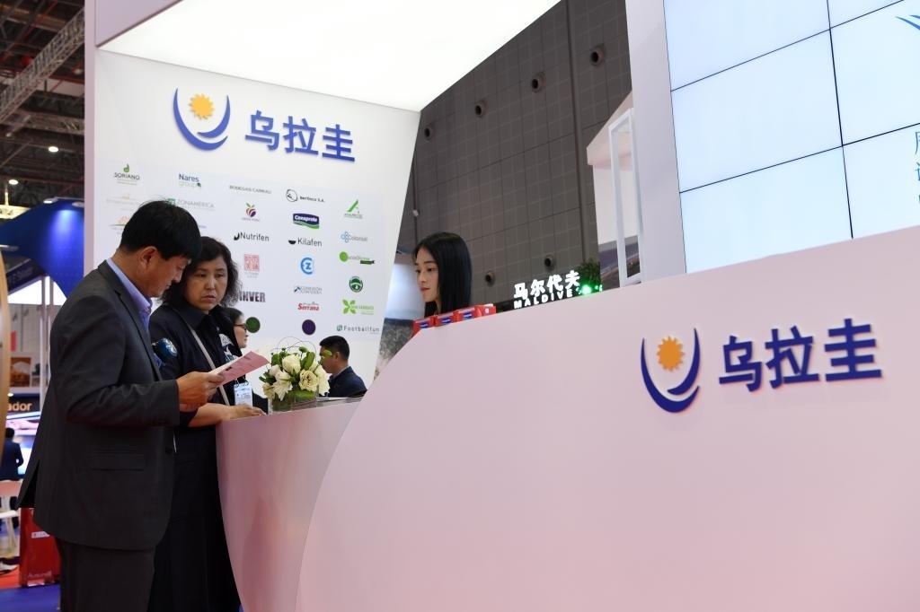 2019年11月6日，參觀者在第二屆進博會烏拉圭國家館展臺咨詢。