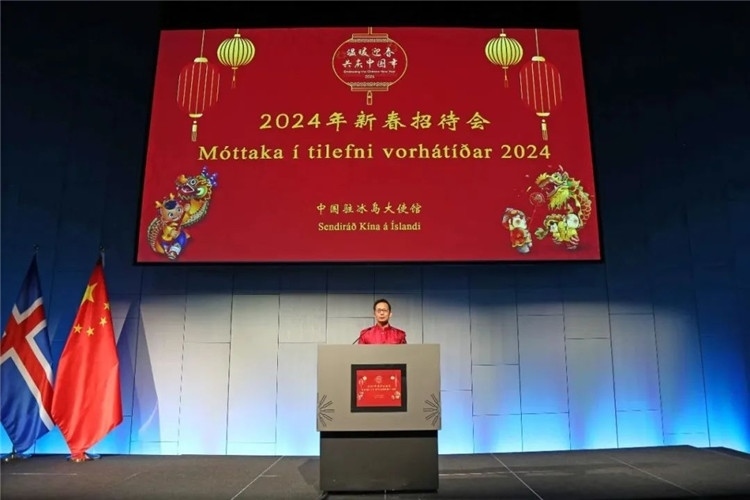 中國(guó)駐冰島大使何儒龍致辭。中國(guó)駐冰島大使館供圖