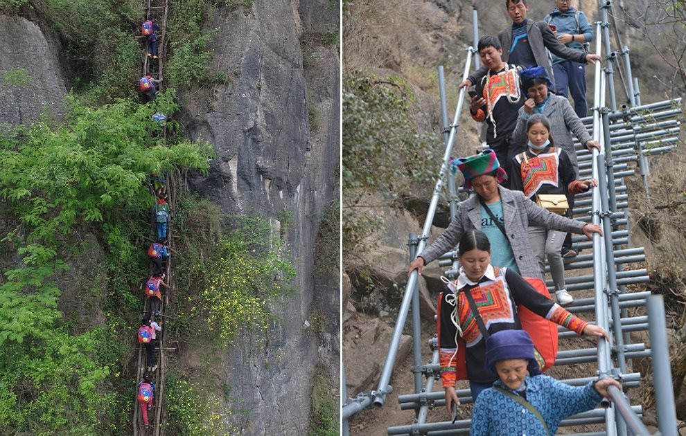 “懸崖村”今昔對比：左圖為2016年5月14日，“懸崖村”的孩子們攀爬木梯回家。右圖為2020年5月13日，“懸崖村”村民帶著行李通過鋼梯下山，搬遷至易地扶貧集中安置點的新家。