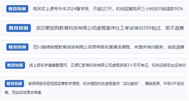 “人民投訴”用戶舉報(bào)機(jī)構(gòu)虛假宣傳包過(guò)包拿證、虛假承諾收益效果、課程服務(wù)貨不對(duì)板、退款難等在線教培亂象。（“人民投訴”平臺(tái)截圖）