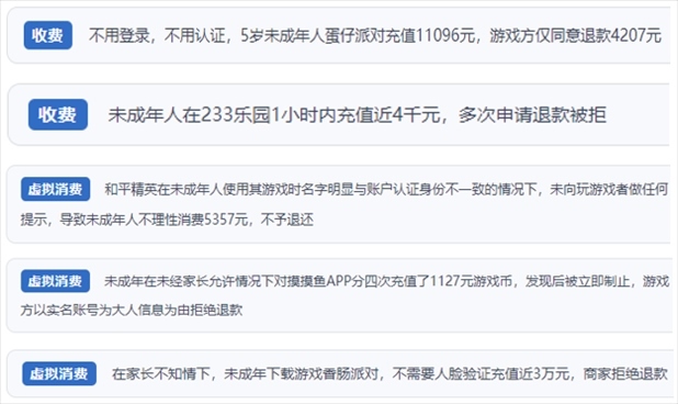 “人民投訴”用戶舉報(bào)身份認(rèn)證成擺設(shè)、大額充值無(wú)提醒、提供證據(jù)被駁回、商家設(shè)置退款障礙等未成年人網(wǎng)游消費(fèi)亂象。（“人民投訴”平臺(tái)截圖）