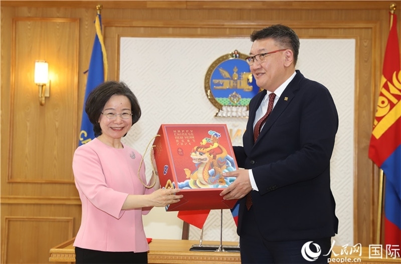 沈大使向扎布赫楞部長(zhǎng)贈(zèng)送吉祥龍。人民網(wǎng)記者 霍文攝