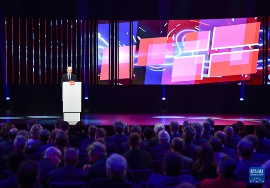 4月21日，挪威首相斯特勒在德國漢諾威工業(yè)博覽會(huì)開幕式上致辭。挪威是今年展會(huì)主賓國。新華社記者 任鵬飛 攝