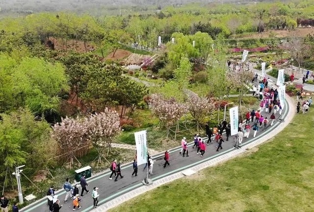 4月27日，登山愛好者在浮山森林公園參加登山健身活動（無人機照片）。新華社記者 李紫恒攝