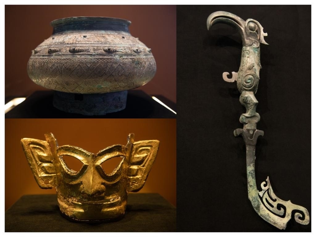 拼版照片：左上圖為青銅瓿，左下圖為黃金面具，右圖為青銅樹枝。新華社記者唐文豪 攝