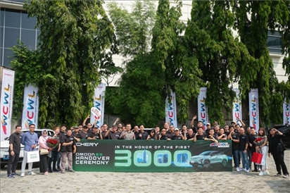 8月3日，中國車企奇瑞在雅加達舉行活動，慶祝在印尼交付第3000輛電動汽車OMODA E5。奇瑞汽車印度尼西亞銷售公司供圖