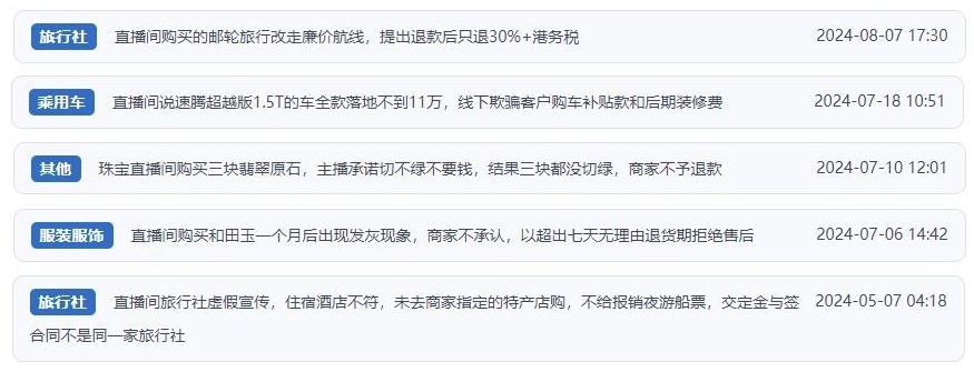 近期網(wǎng)友涉及直播購物相關(guān)投訴問題。（“人民投訴”用戶投訴截圖）