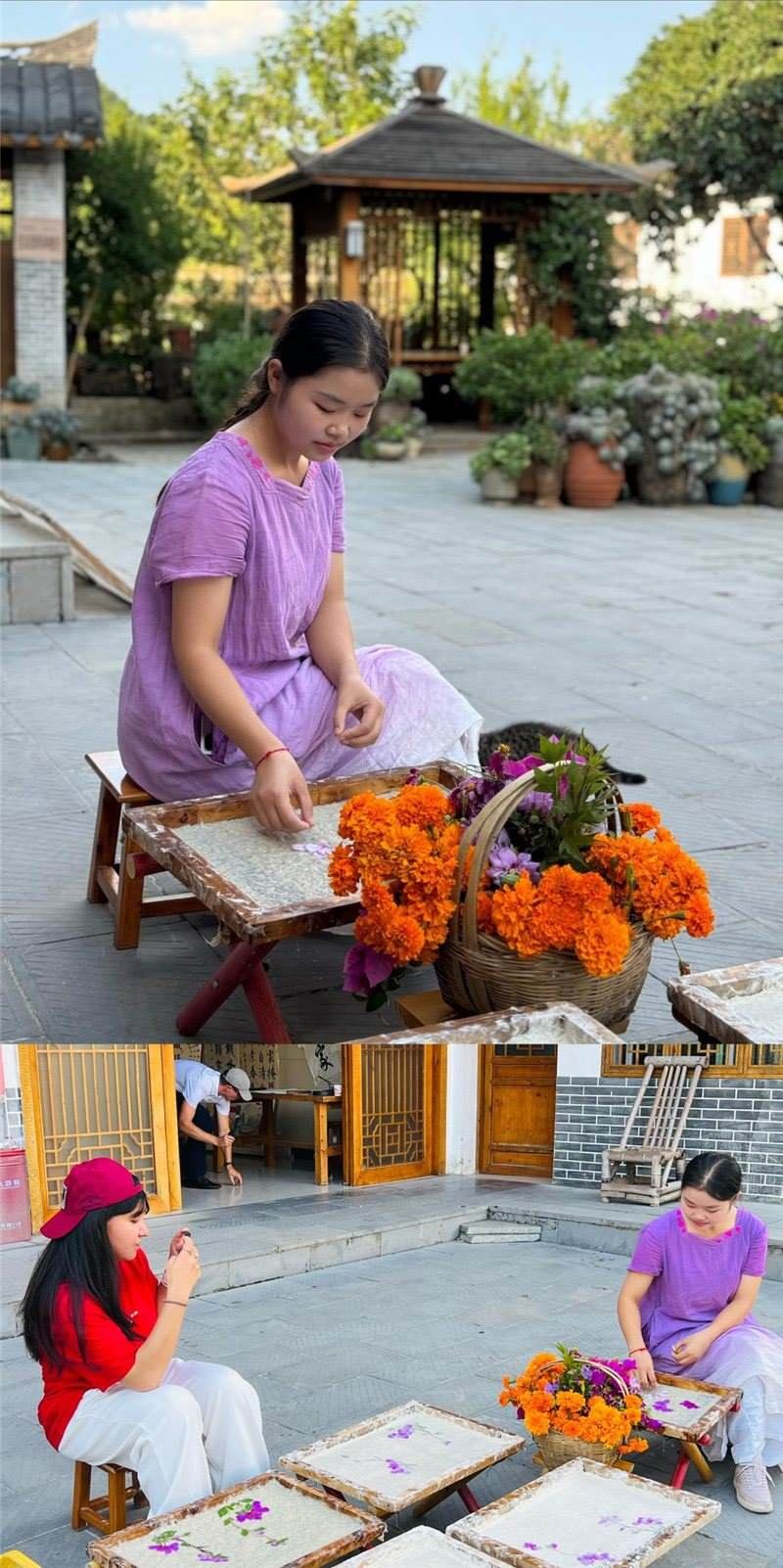 沒有女生不愛花。以古法造紙技藝為基礎(chǔ)，再輔以花草枝葉勾勒各式圖案，創(chuàng)作出花茂村獨(dú)具特色的紙漿壓花畫，少女手中的花是她眼中的風(fēng)景，而她與正在制作的紙漿壓花畫也是別人眼中的風(fēng)景。（哈薩克斯坦BAQ通訊社高級(jí)記者古爾詹·拉曼庫(kù)洛娃、張亞欣攝）