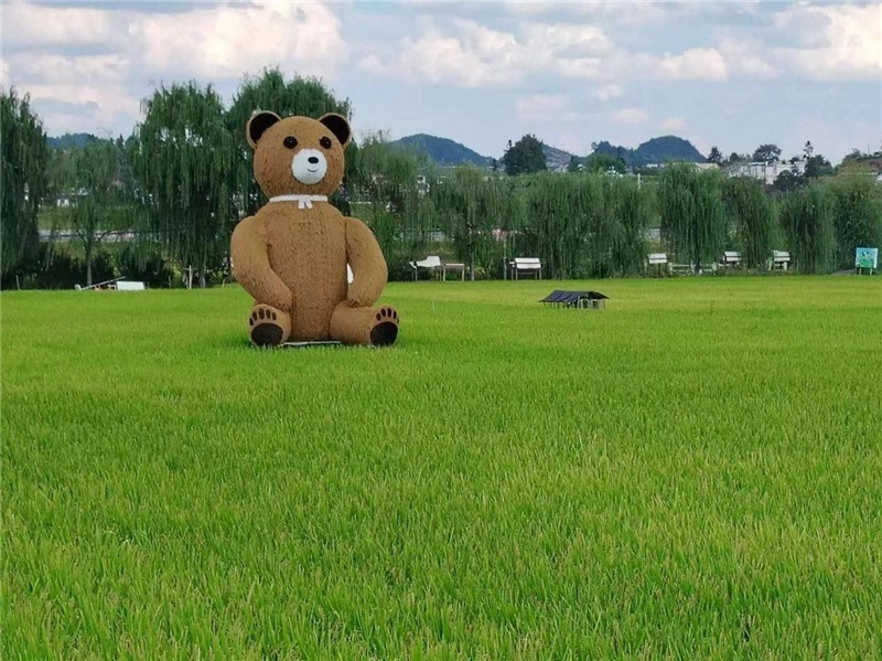 稻穗搖曳，垂柳依依，山嵐多姿，好一幅歲月靜好山鄉(xiāng)恬靜圖。這憨厚俏皮的熊玩偶造型，像是亂入其中，形成現(xiàn)代與傳統(tǒng)、好動(dòng)與寧?kù)o的反差感，讓人過目不忘，也讓人莞爾一笑。（哈薩克斯坦鳳凰24新聞社總編輯兼首席執(zhí)行官克馬爾·馬山羅攝）