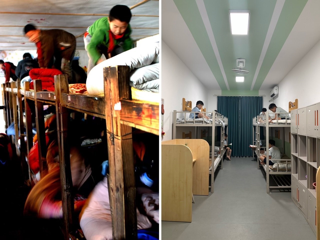 縉云縣東渡鎮(zhèn)長(zhǎng)坑小學(xué)2005年以前的學(xué)生宿舍（左），以及現(xiàn)在的學(xué)生宿舍（右） 學(xué)校供圖