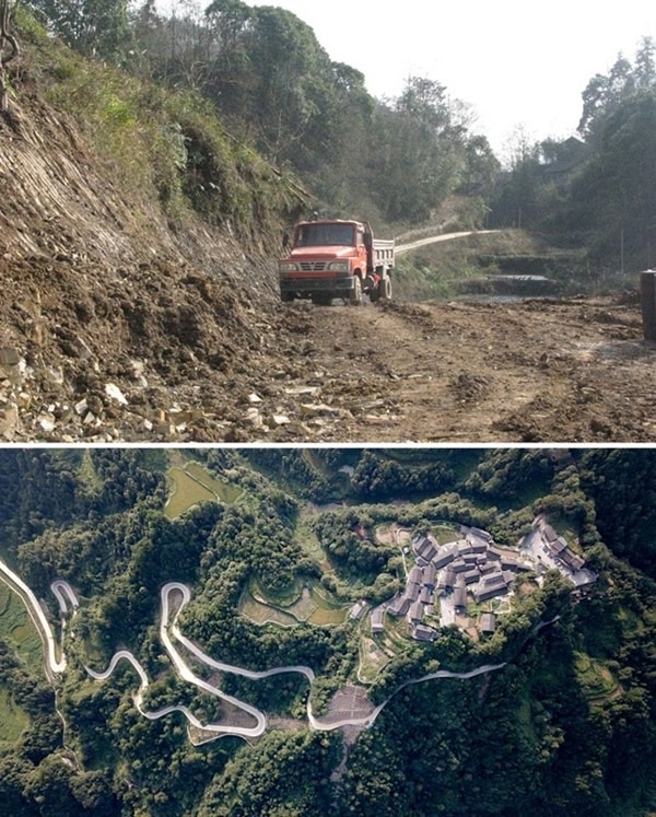 拼版照片：上圖為2011年12月拍攝的湖南省湘西土家族苗族自治州花垣縣十八洞村進村道路；下圖為2019年9月拍攝的十八洞村及進村道路。
