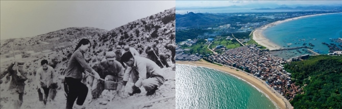 拼版照片：左圖為東山縣群眾在荒山上種植樹(shù)苗（資料照片）；右圖為2020年6月18日拍攝的東山縣陳城鎮(zhèn)澳角村附近風(fēng)光（無(wú)人機(jī)照片，新華社記者 姜克紅 攝）。