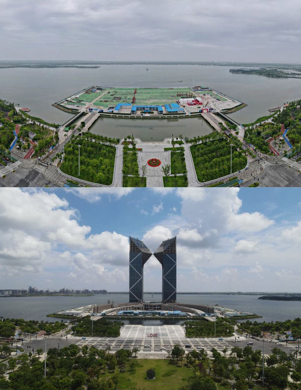 拼版照片：空中俯瞰中國(guó)（上海）自由貿(mào)易試驗(yàn)區(qū)臨港新片區(qū)滴水湖西島中銀金融中心項(xiàng)目現(xiàn)場(chǎng)（上圖為2021年6月20日攝，無(wú)人機(jī)照片；下圖為2024年8月14日攝，無(wú)人機(jī)照片）。2019年8月20日，臨港新片區(qū)揭牌成立，一個(gè)開(kāi)放新高地在長(zhǎng)江與東海交匯處日益崛起。