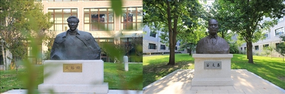△左圖為中央黨校（國家行政學(xué)院）校園內(nèi)的焦裕祿雕塑，右圖為校園內(nèi)的谷文昌雕塑。