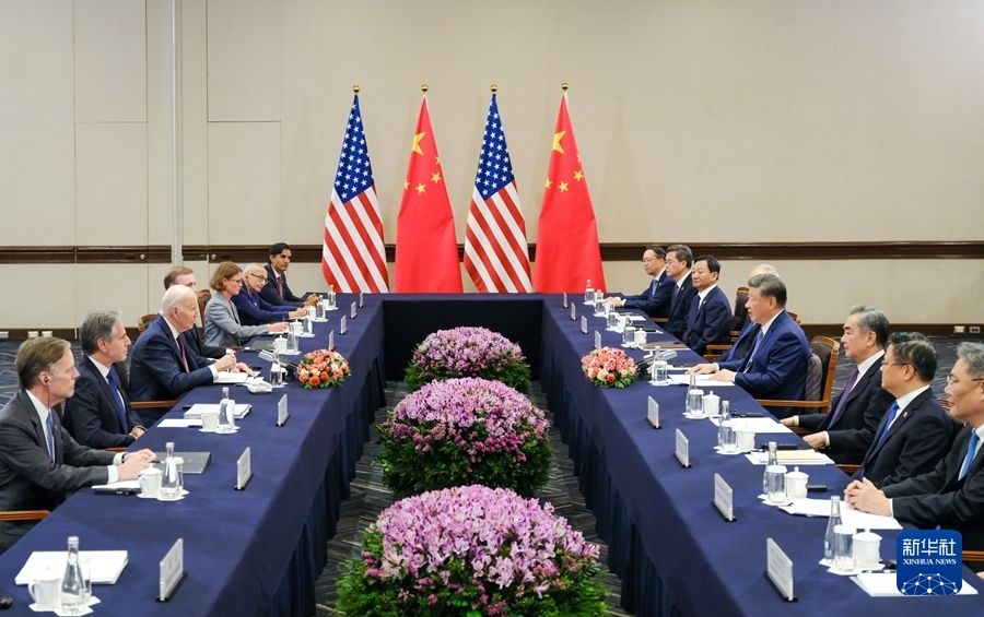 當(dāng)?shù)貢r間11月16日下午，國家主席習(xí)近平在利馬同美國總統(tǒng)拜登舉行會晤。新華社記者 丁林 攝