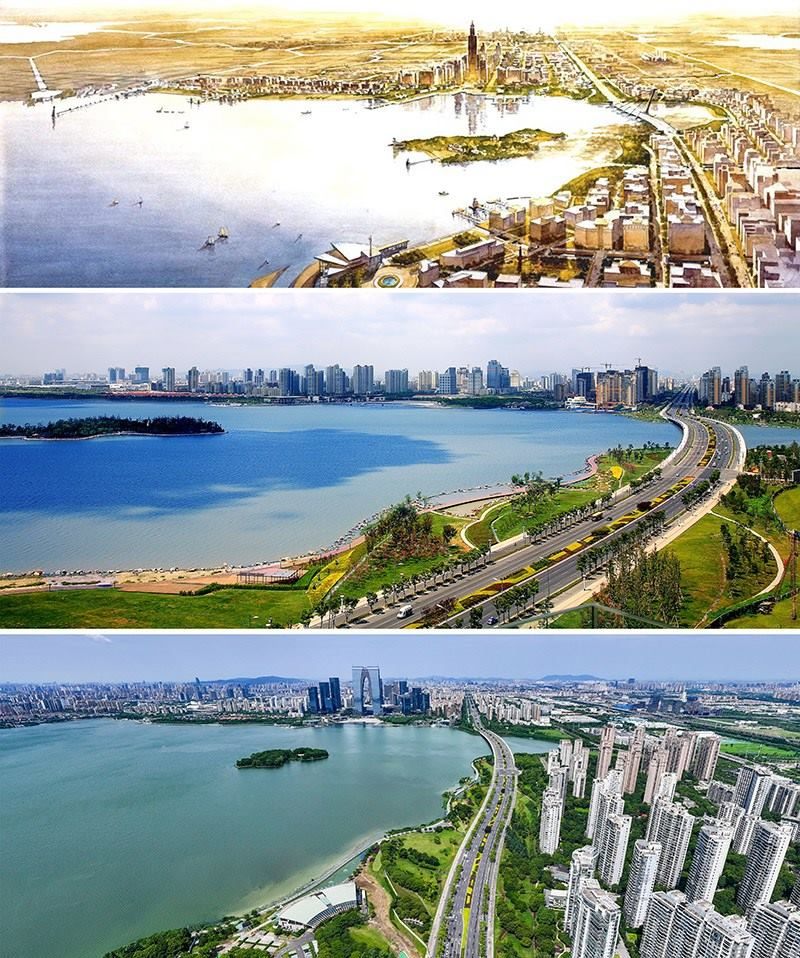 拼版照片：上圖為1994年繪制的蘇州工業(yè)園區(qū)手繪規(guī)劃圖；中圖為2007年拍攝的蘇州工業(yè)園區(qū)；下圖為2023年7月4日用無人機(jī)拍攝的蘇州工業(yè)園區(qū)。