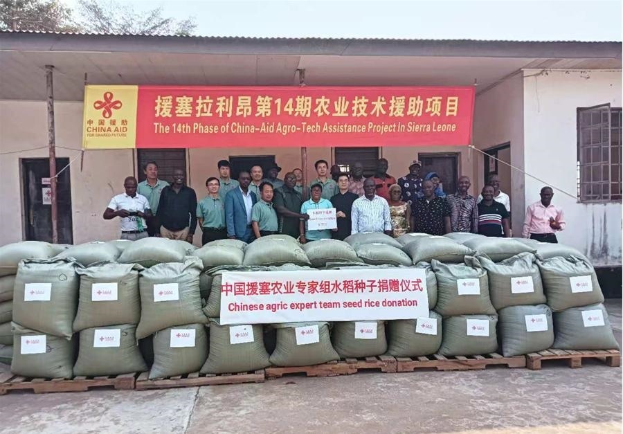 中國(guó)援塞拉利昂農(nóng)業(yè)專(zhuān)家組在塞南方省博城舉辦水稻種子捐贈(zèng)儀式。中國(guó)援塞農(nóng)業(yè)專(zhuān)家組供圖