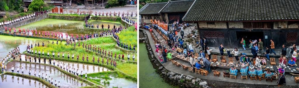 左圖：近期，人們?cè)诶杵娇h肇興侗寨的田園里演唱侗族大歌（黎平縣委宣傳部供圖）；右圖：這是2023年拍攝的十八洞村長(zhǎng)桌宴（湘西州委宣傳部供圖）。