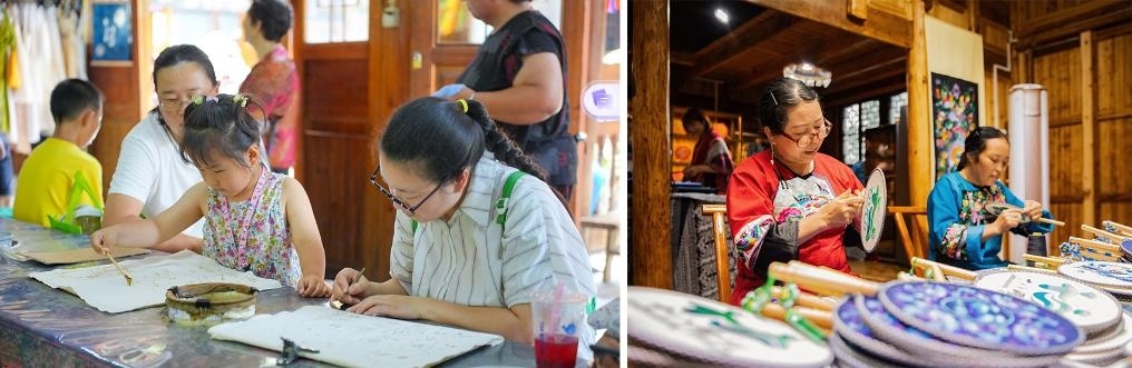 左圖：近期，游客在黎平縣肇興侗寨體驗(yàn)非遺蠟染藝術(shù)（黎平縣委宣傳部供圖）；右圖：這是2024年拍攝的繡娘在十八洞村梨子寨苗繡鄉(xiāng)村振興示范基地制作苗繡產(chǎn)品（湘西州委宣傳部供圖）。