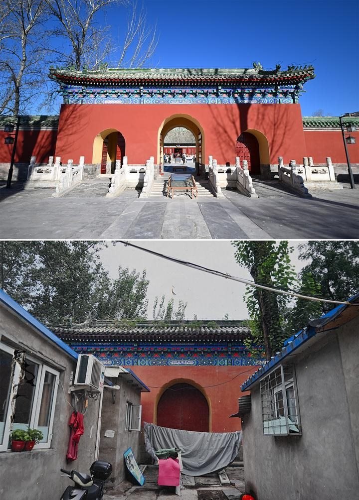 位于先農(nóng)壇內(nèi)的慶成宮，曾長時間被雜亂的民居占據(jù)。在北京中軸線申遺保護工作的帶動下，北京完成了慶成宮區(qū)域文物征收騰退、非文物建筑拆除、彩畫保護、本體修繕、展覽布陳等，讓560多年歷史的古建群重新回歸。2024年12月，北京中軸線上先農(nóng)壇內(nèi)的慶成宮首次面向社會公眾開放。上圖為騰退修繕后的慶成宮內(nèi)宮門（資料照片）；下圖為翻拍的慶成宮內(nèi)宮門騰退修繕前的資料照片（2024年12月21日攝）。